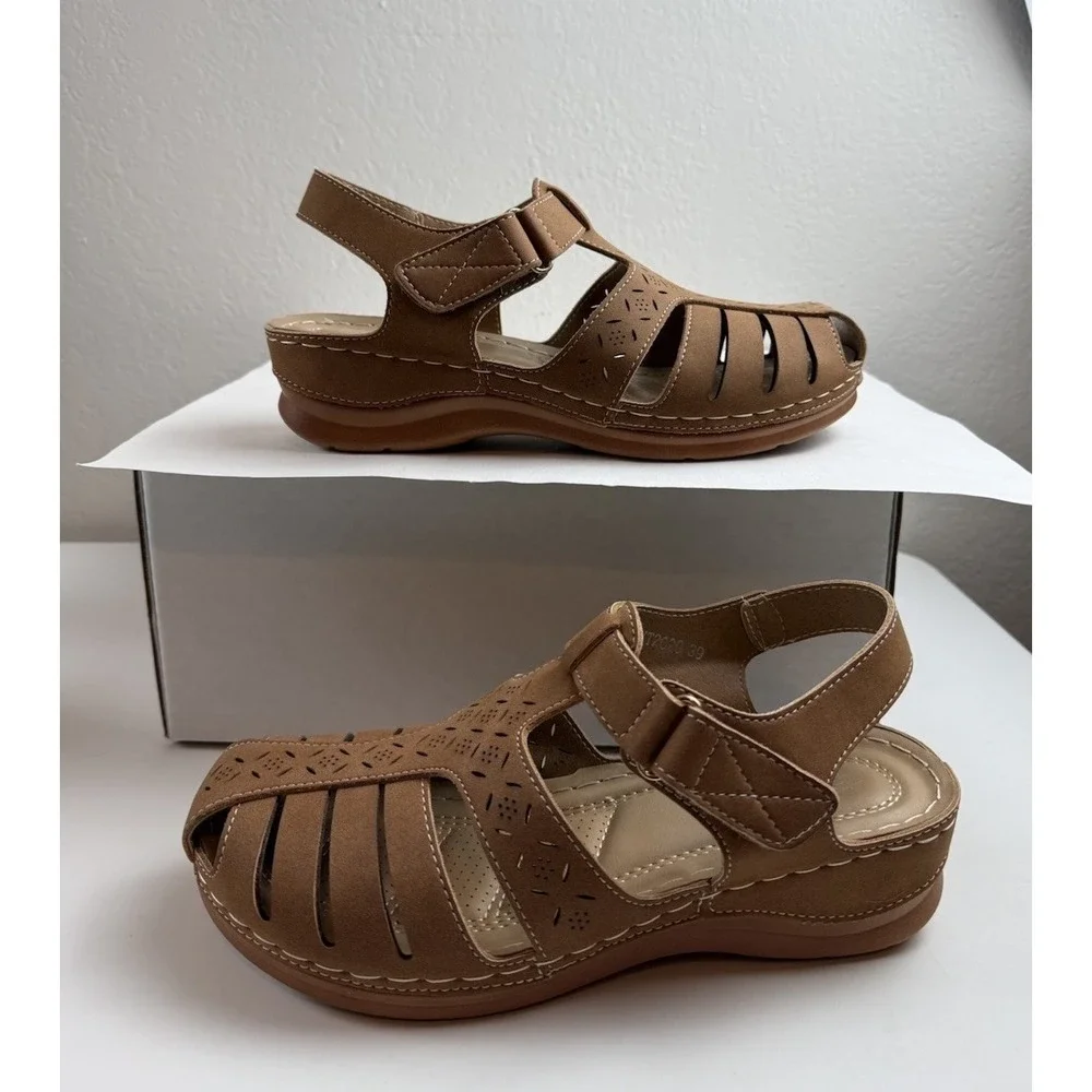 Shibever Comfort Fisherman Sandal 8 Womens Brown Slingback Cutout Casual Shoes